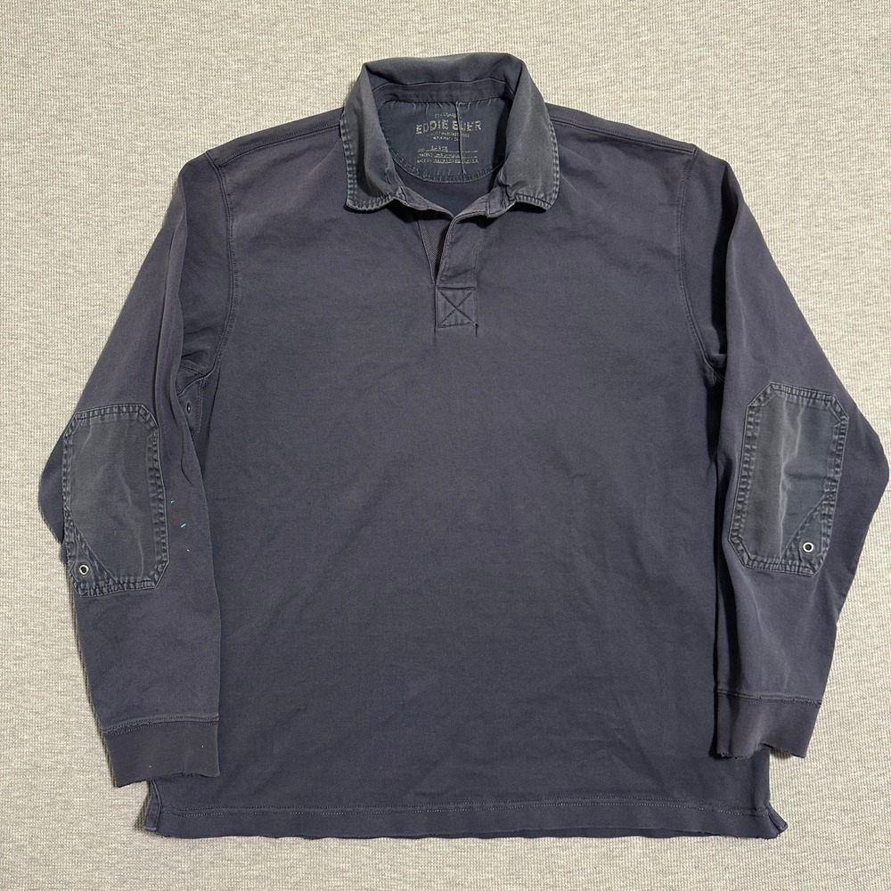 Eddie Bauer Mens Faded Navy Blue Long Sleeve Rugby Polo Shirt Elbow Patches L